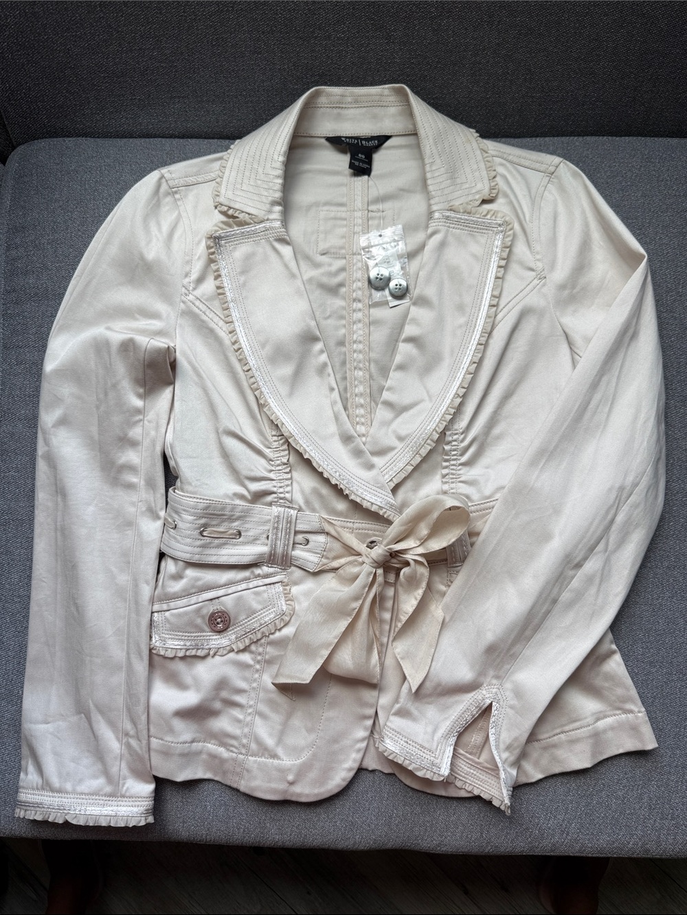 White House Black Market Light Cream Tie-Waist Blazer with Trim